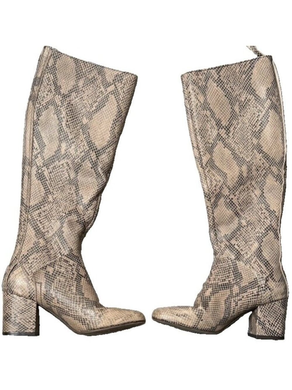 Free People Snake Print Leather Knee High Boots S 38 (US 7.5–8)  Block Heel Read